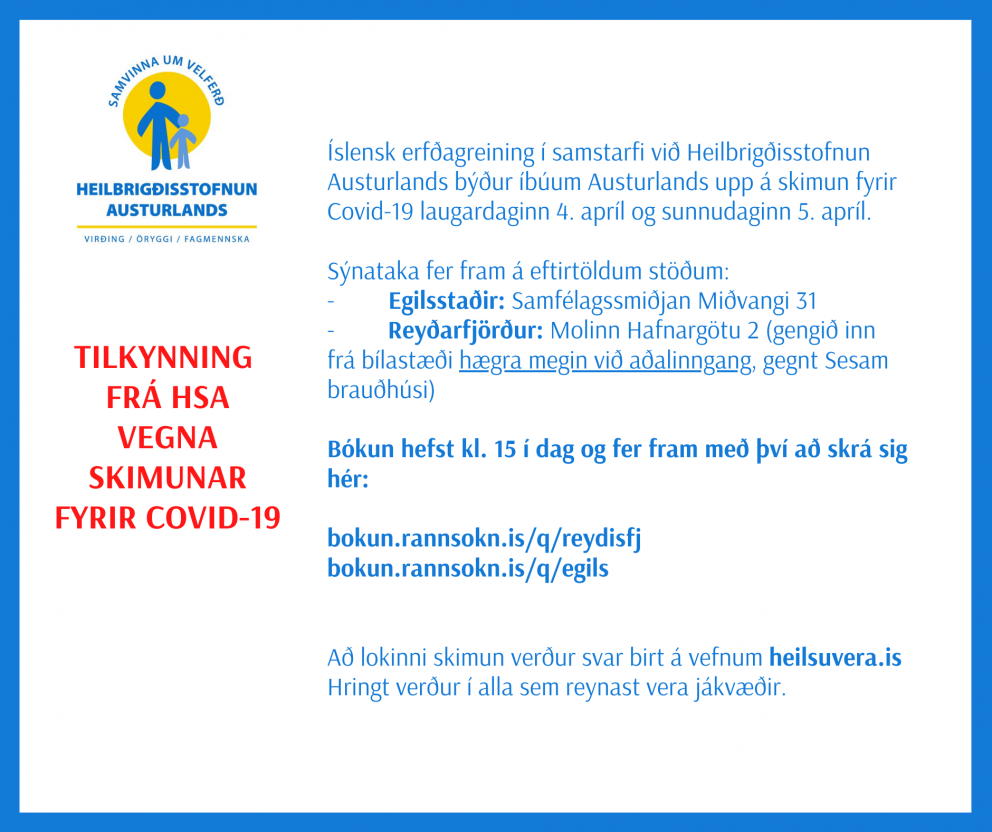 Tilkynning frá HSA vegna skimunar fyrir COVID-19