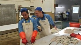 Sambýlingarnir Óttar og Stjáni ræða uppvaskið við flökunarborðið