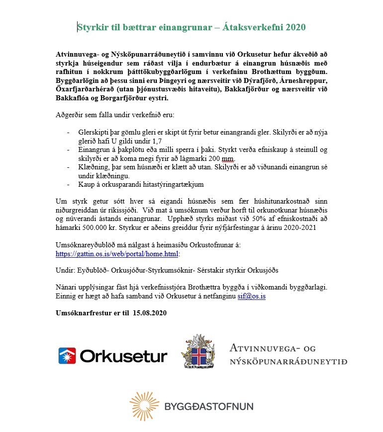 Styrkir til bættrar einangrunar íbúðarhúsnæðis - átaksverkefni Orkuseturs og Brothættra byggða